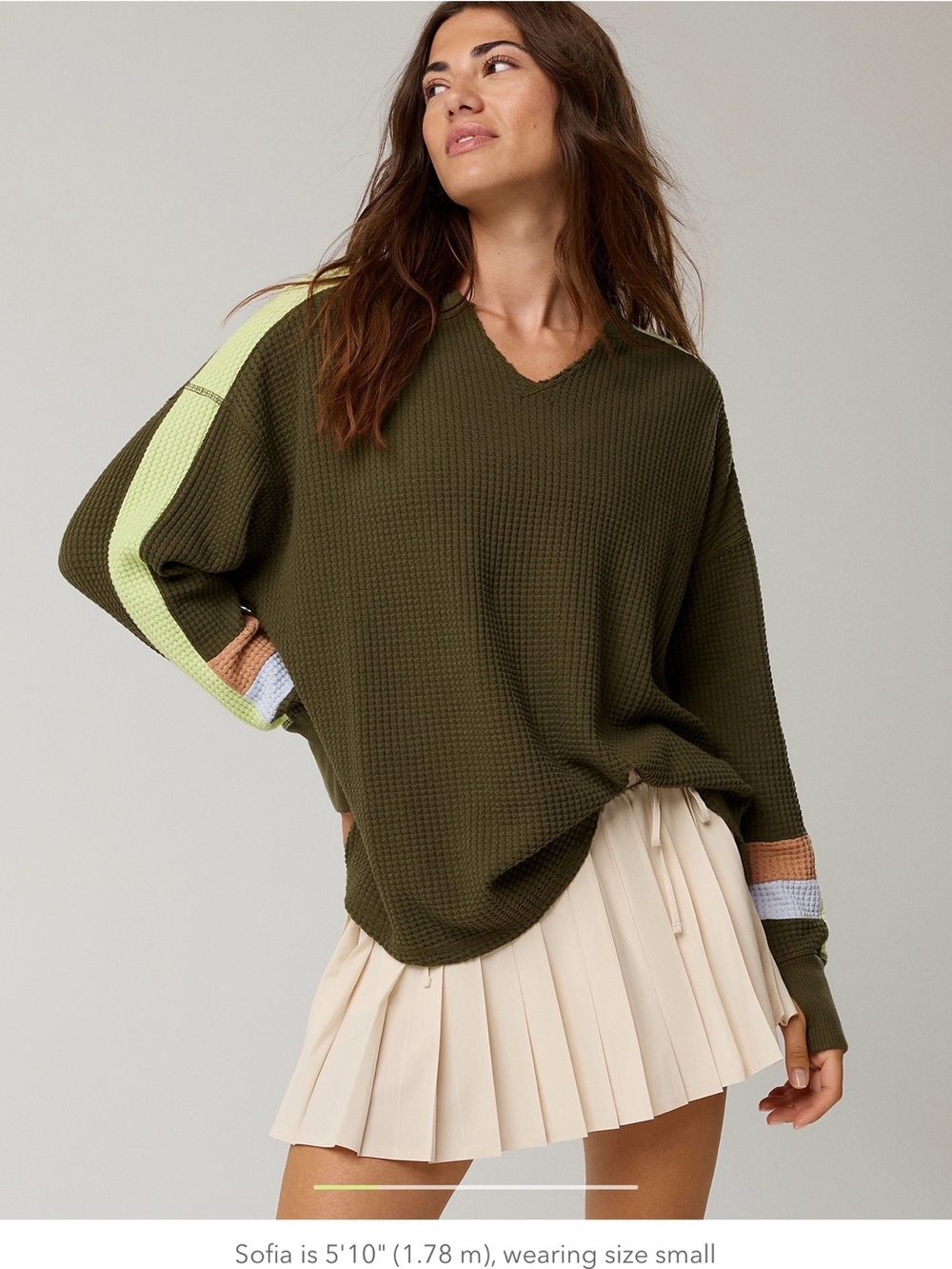 aerie Olive Waffle V-Neck Long-Sleeve Top with Contrasting Sleeve Stripes